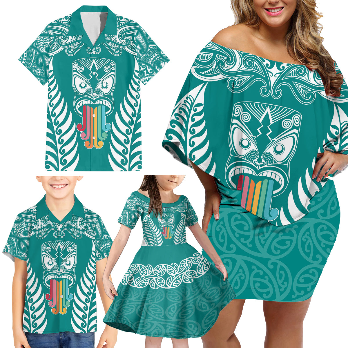 personalised-kia-kaha-te-reo-maori-family-matching-off-shoulder-short-dress-and-hawaiian-shirt-hei-tiki-mix-koru-teal