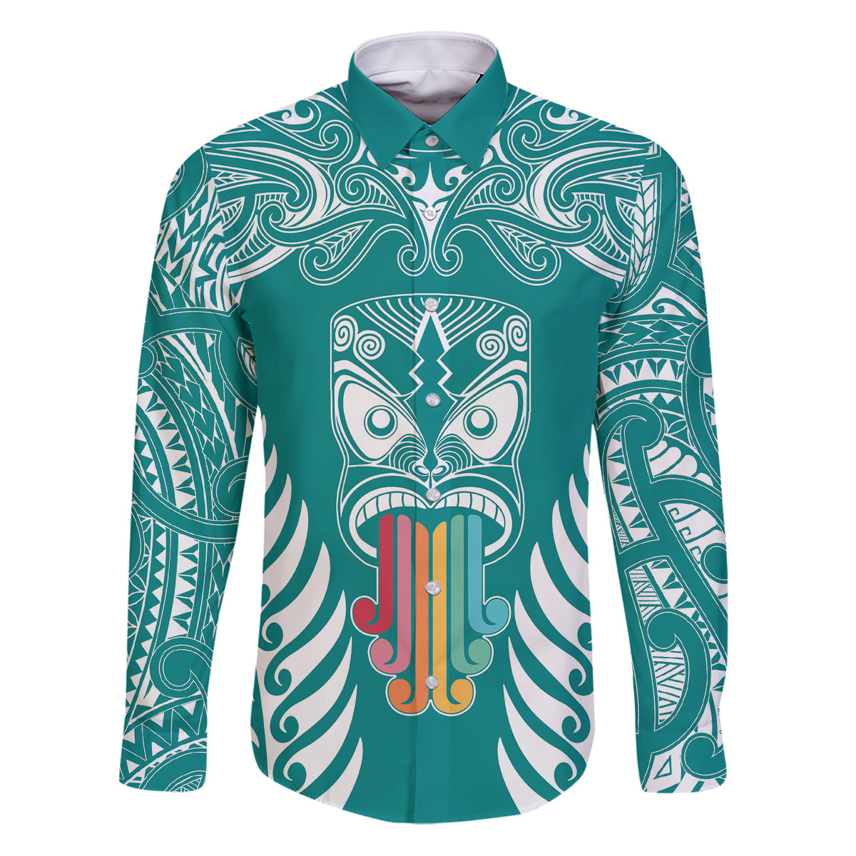 Personalised Kia Kaha Te Reo Maori Family Matching Puletasi Dress and Hawaiian Shirt Hei Tiki Mix Koru - Teal LT7 Dad's Shirt - Long Sleeve Teal - Polynesian Pride