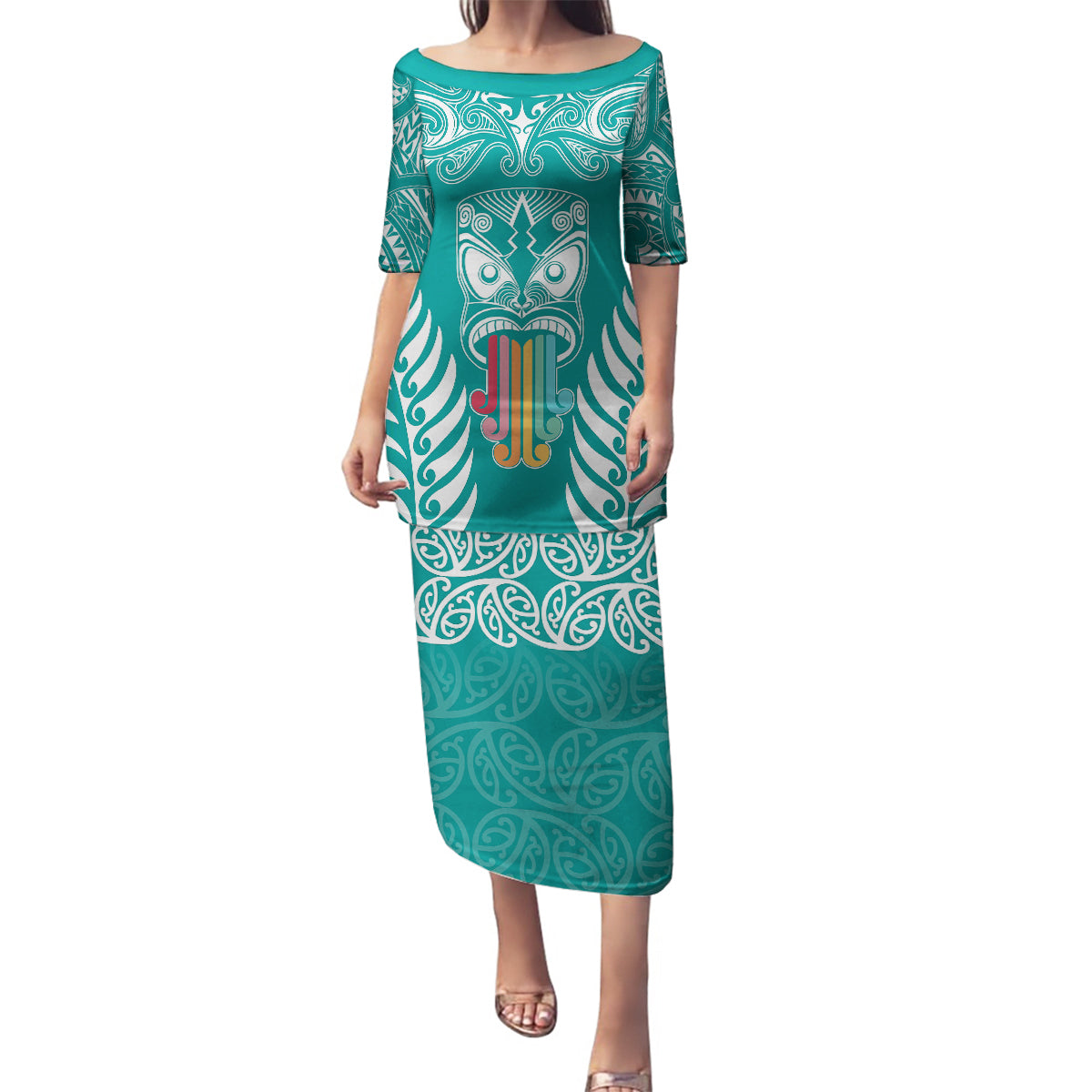 Personalised Kia Kaha Te Reo Maori Family Matching Puletasi Dress and Hawaiian Shirt Hei Tiki Mix Koru - Teal LT7 Mom's Dress Teal - Polynesian Pride