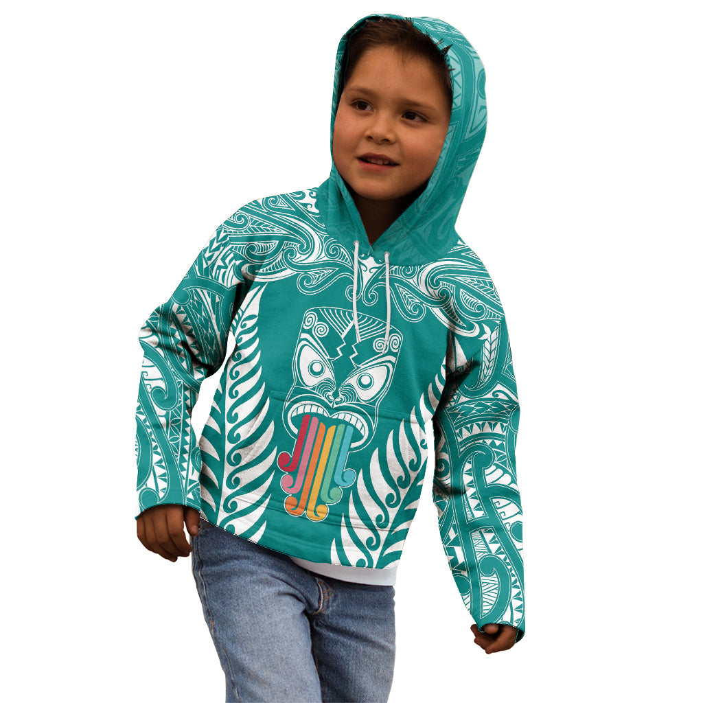 Personalised Kia Kaha Te Reo Maori Kid Hoodie Hei Tiki Mix Koru - Teal LT7 - Polynesian Pride