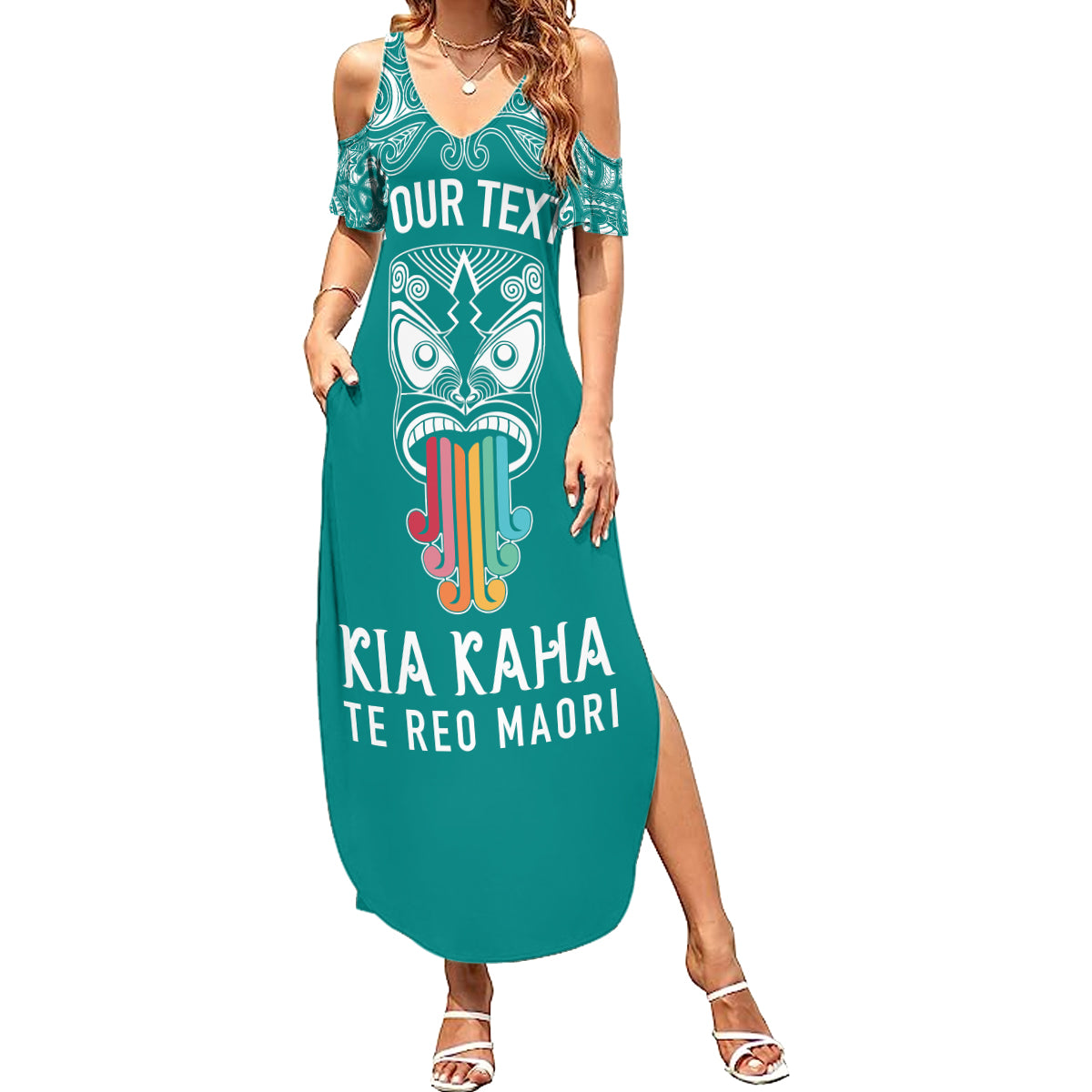 personalised-kia-kaha-te-reo-maori-summer-maxi-dress-hei-tiki-mix-koru-teal