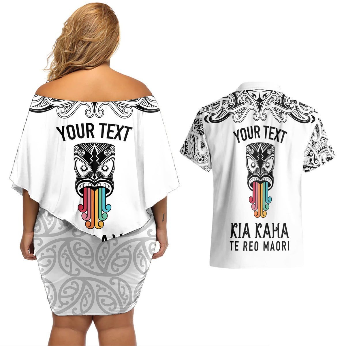 personalised-kia-kaha-te-reo-maori-couples-matching-off-shoulder-short-dress-and-hawaiian-shirt-hei-tiki-mix-koru-white