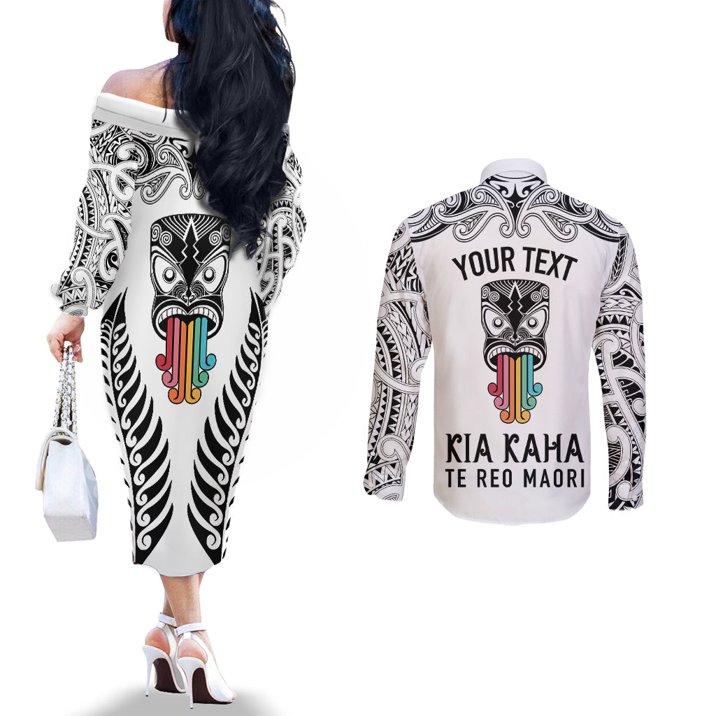 Personalised Kia Kaha Te Reo Maori Couples Matching Off The Shoulder Long Sleeve Dress and Long Sleeve Button Shirts Hei Tiki Mix Koru - White LT7 - Polynesian Pride