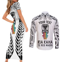 Personalised Kia Kaha Te Reo Maori Couples Matching Short Sleeve Bodycon Dress and Long Sleeve Button Shirts Hei Tiki Mix Koru - White LT7 - Polynesian Pride