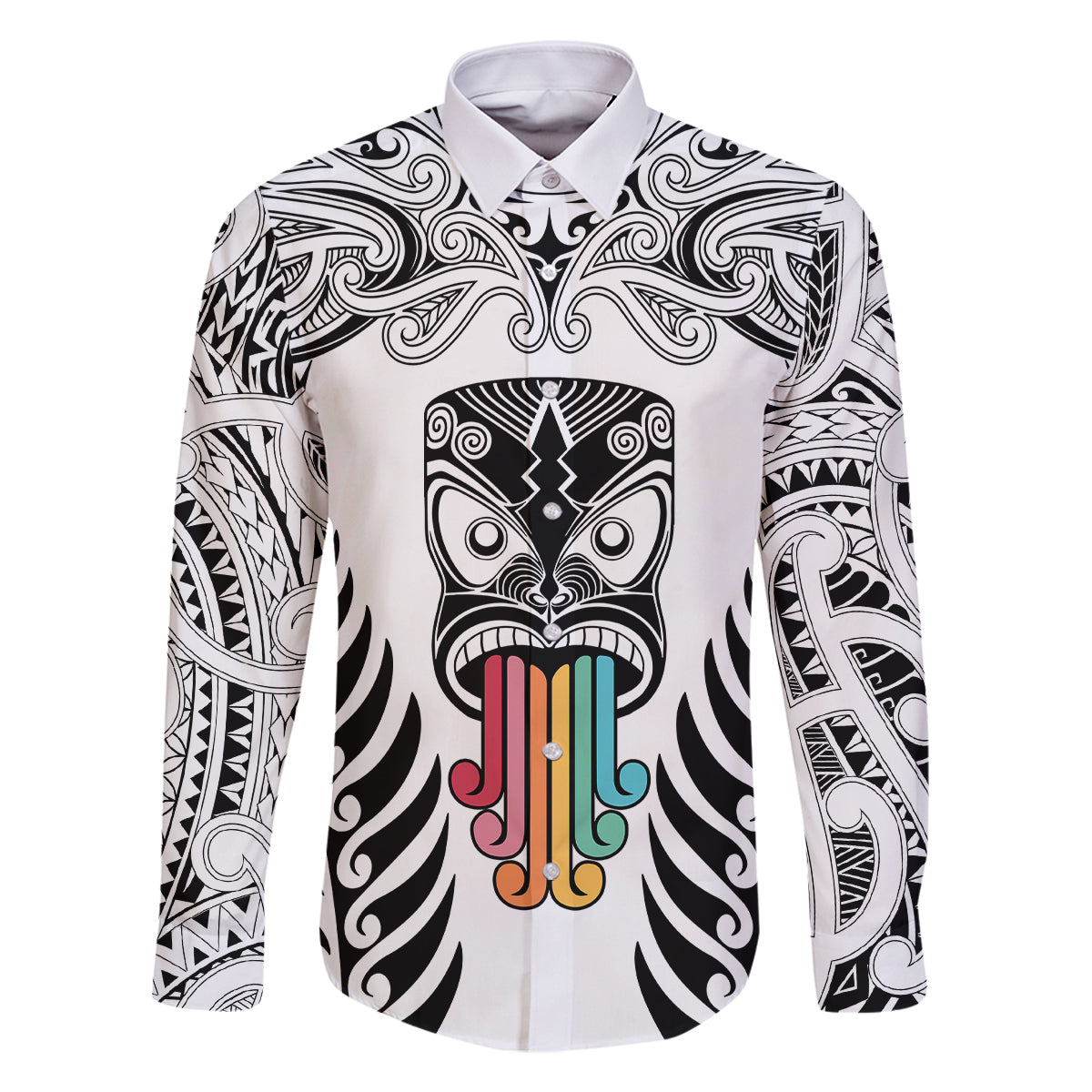 personalised-kia-kaha-te-reo-maori-family-matching-long-sleeve-bodycon-dress-and-hawaiian-shirt-hei-tiki-mix-koru-white