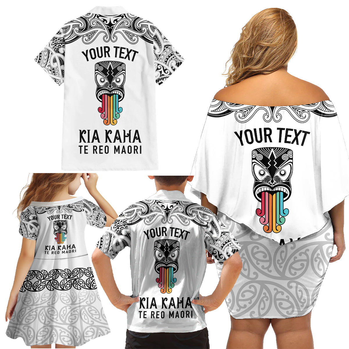 personalised-kia-kaha-te-reo-maori-family-matching-off-shoulder-short-dress-and-hawaiian-shirt-hei-tiki-mix-koru-white