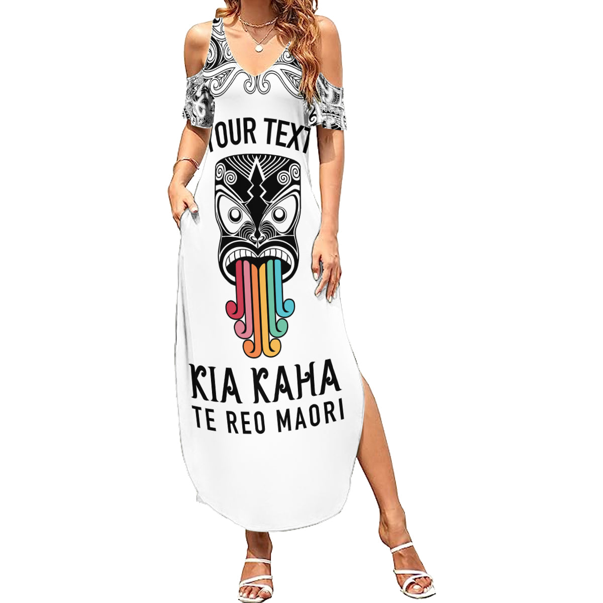 personalised-kia-kaha-te-reo-maori-summer-maxi-dress-hei-tiki-mix-koru-white