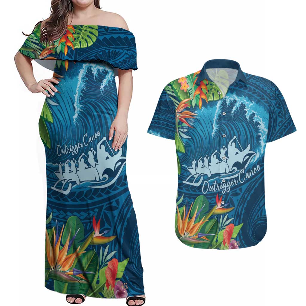 Outrigger Canoe Blue Couples Matching Off Shoulder Maxi Dress and Hawaiian Shirt On The Waves