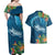 Outrigger Canoe Blue Couples Matching Off Shoulder Maxi Dress and Hawaiian Shirt On The Waves