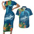 Outrigger Canoe Blue Couples Matching Short Sleeve Bodycon Dress and Hawaiian Shirt On The Waves