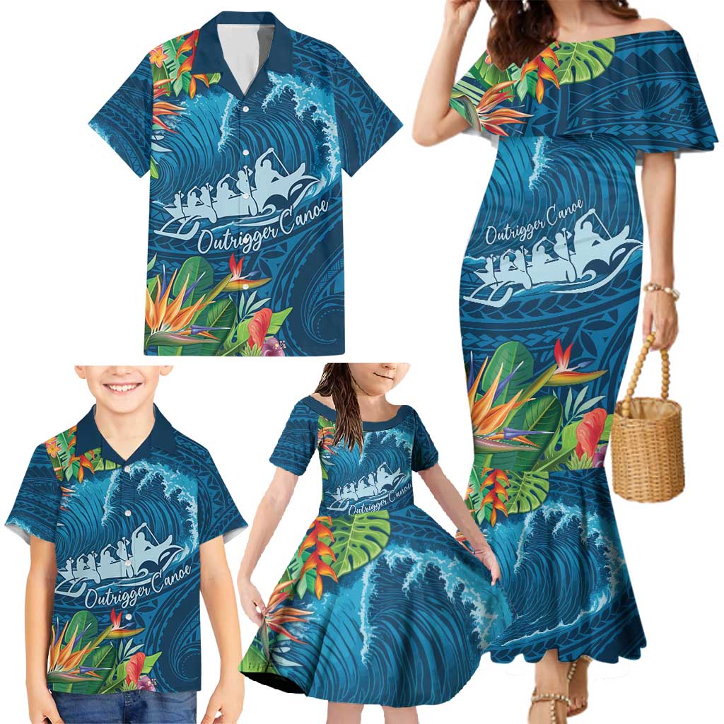 Outrigger Canoe Blue Family Matching Mermaid Dress and Hawaiian Shirt On The Waves LT7 - Polynesian Pride