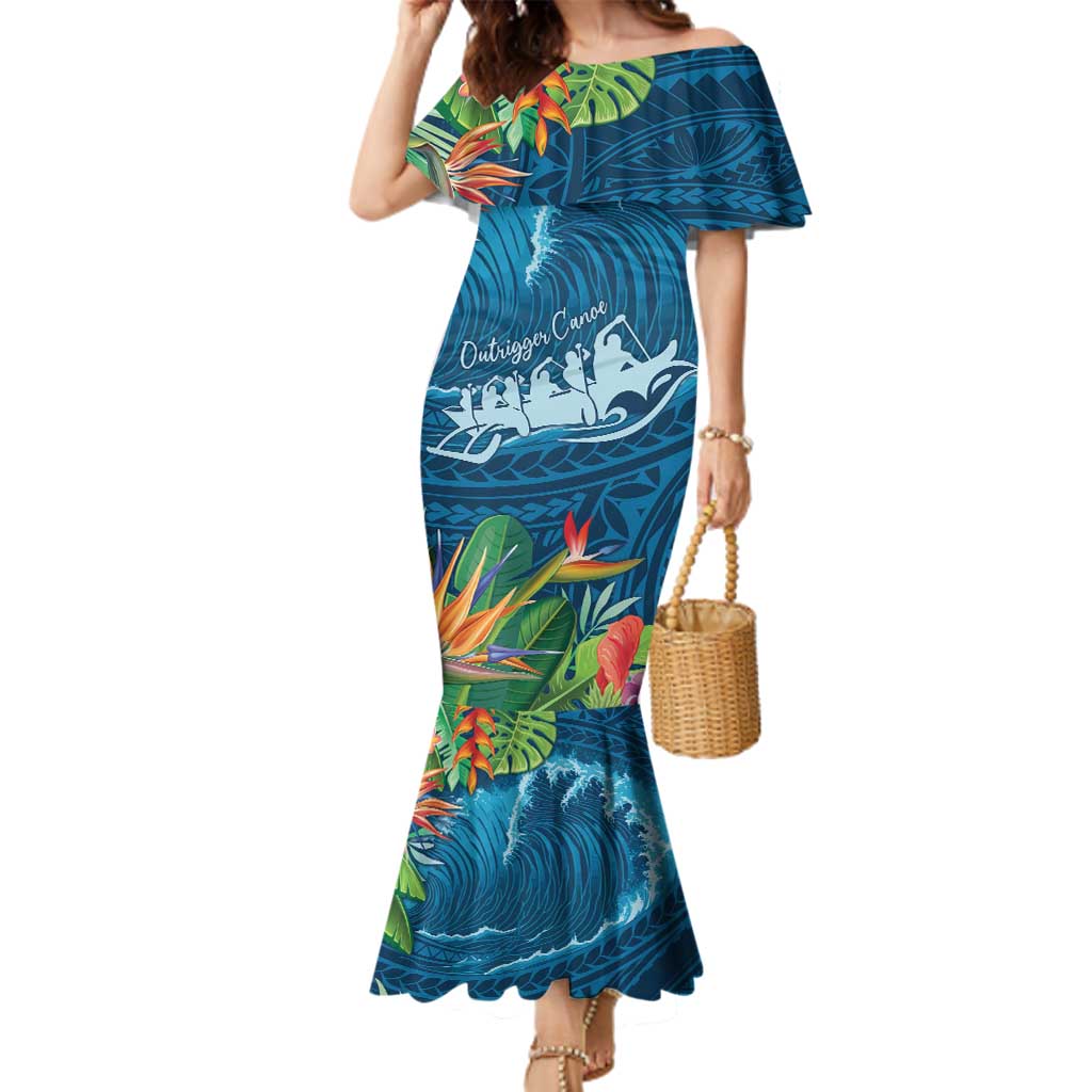 Outrigger Canoe Blue Family Matching Mermaid Dress and Hawaiian Shirt On The Waves