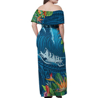 Outrigger Canoe Blue Family Matching Off Shoulder Maxi Dress and Hawaiian Shirt On The Waves