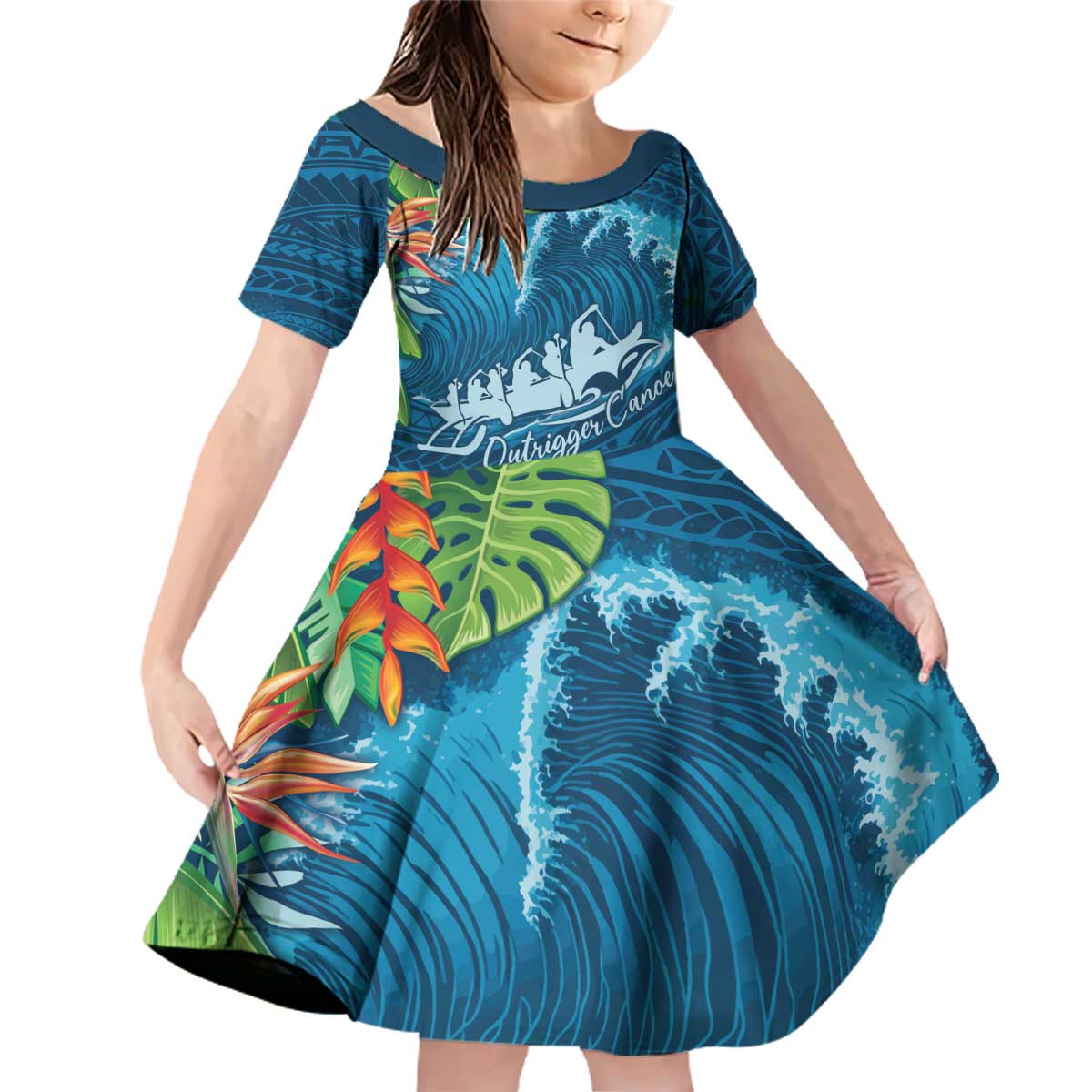 Outrigger Canoe Blue Family Matching Off Shoulder Short Dress and Hawaiian Shirt On The Waves
