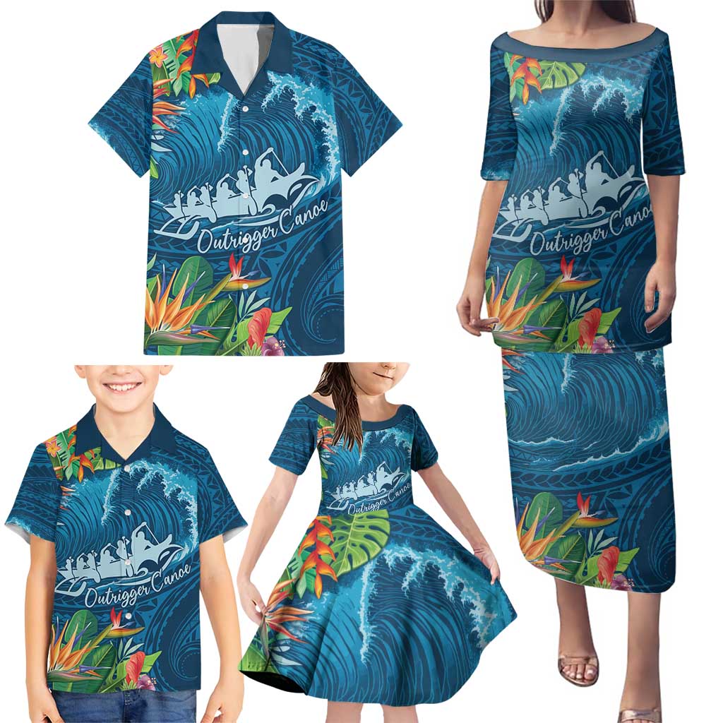 Outrigger Canoe Blue Family Matching Puletasi and Hawaiian Shirt On The Waves LT7 - Polynesian Pride