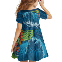 Outrigger Canoe Blue Family Matching Short Sleeve Bodycon Dress and Hawaiian Shirt On The Waves