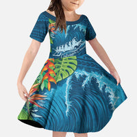 Outrigger Canoe Blue Family Matching Summer Maxi Dress and Hawaiian Shirt On The Waves