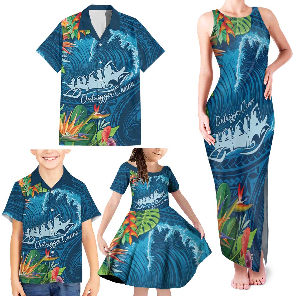 Outrigger Canoe Blue Family Matching Tank Maxi Dress and Hawaiian Shirt On The Waves