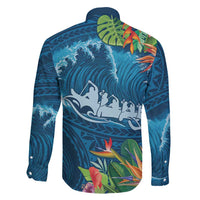 Outrigger Canoe Blue Family Matching Tank Maxi Dress and Hawaiian Shirt On The Waves