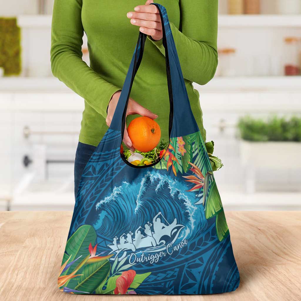 Outrigger Canoe Blue Grocery Bag On The Waves