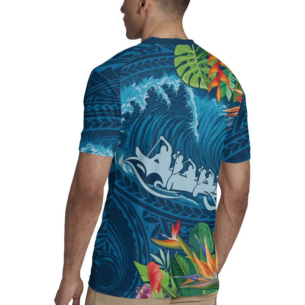 Outrigger Canoe Blue Rugby Jersey On The Waves