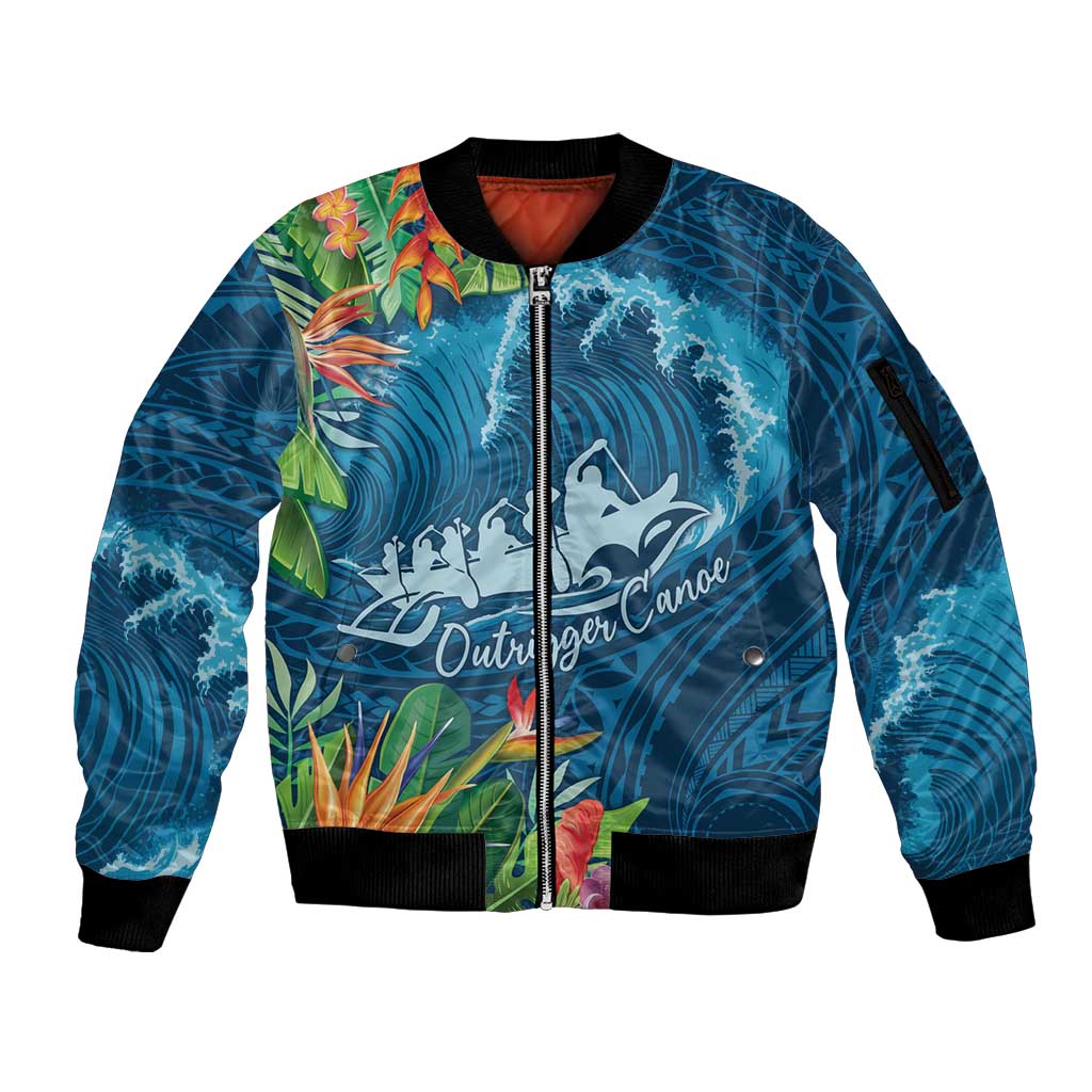 Outrigger Canoe Blue Sleeve Zip Bomber Jacket On The Waves