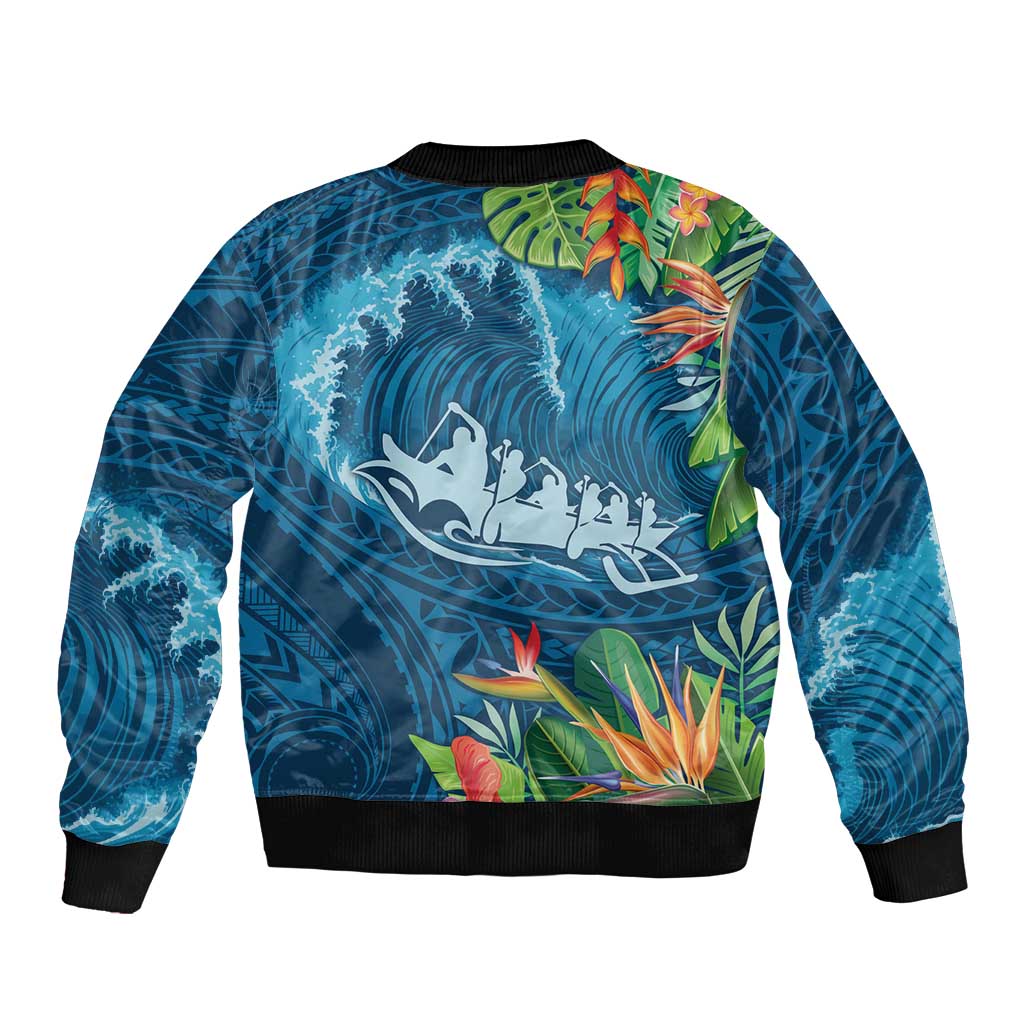 Outrigger Canoe Blue Sleeve Zip Bomber Jacket On The Waves LT7 - Polynesian Pride