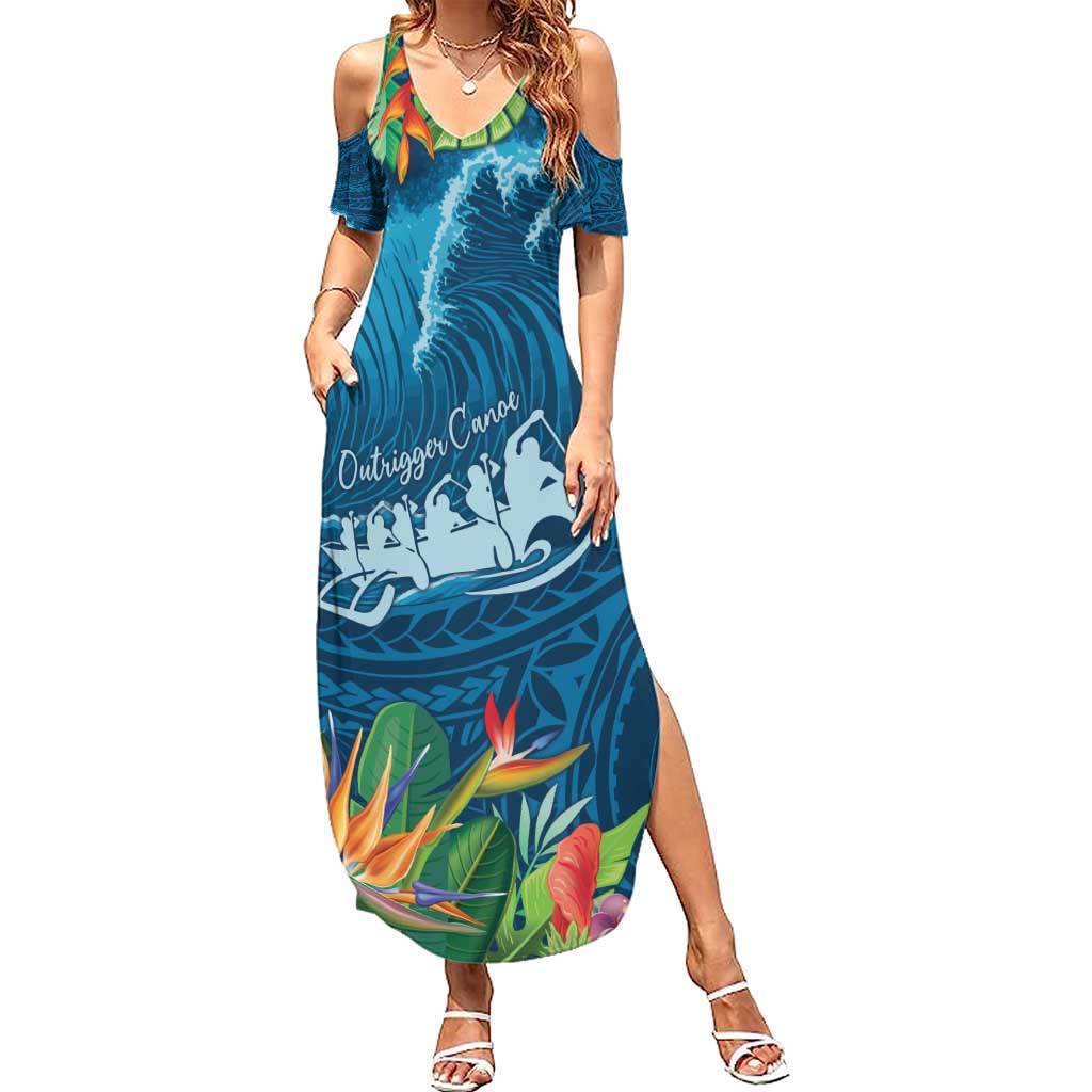 Outrigger Canoe Blue Summer Maxi Dress On The Waves