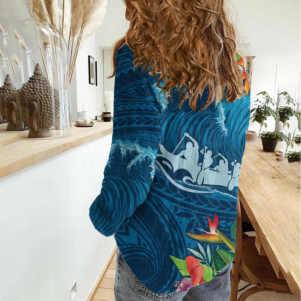 Outrigger Canoe Blue Women Casual Shirt On The Waves LT7 - Polynesian Pride