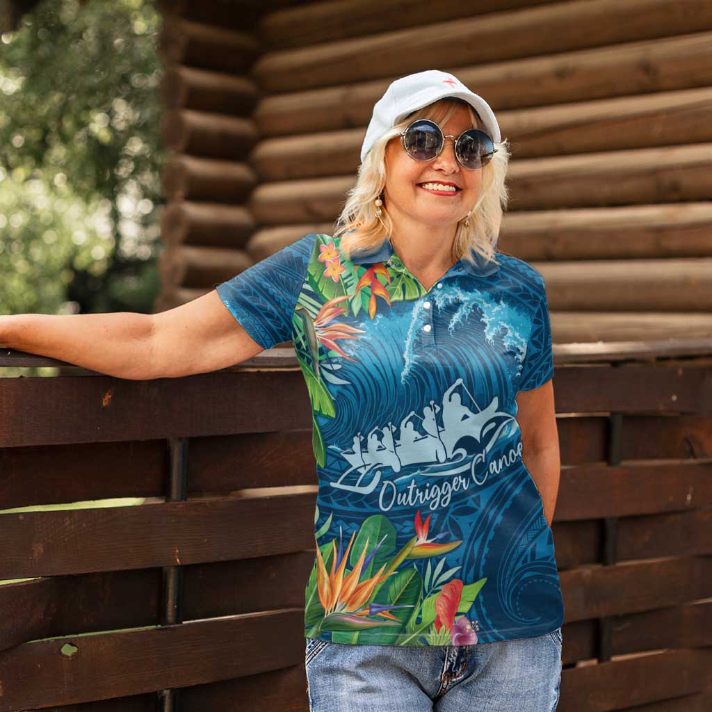 Outrigger Canoe Blue Women Polo Shirt On The Waves