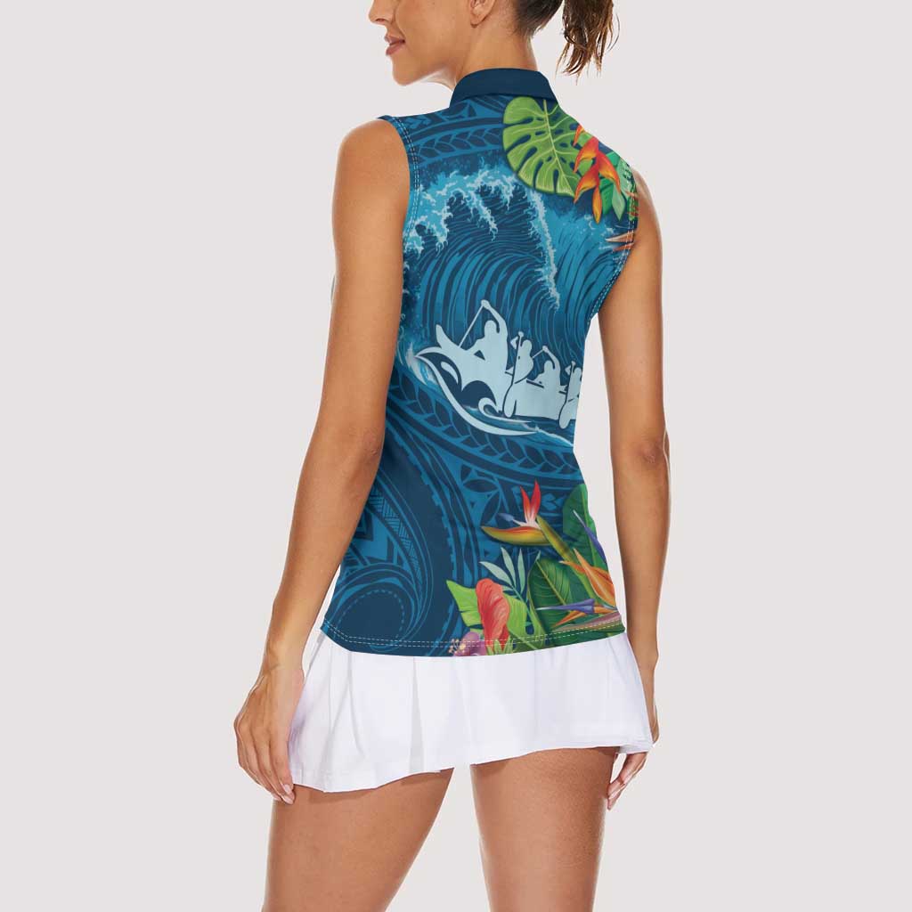 Outrigger Canoe Blue Women Sleeveless Polo Shirt On The Waves LT7 - Polynesian Pride