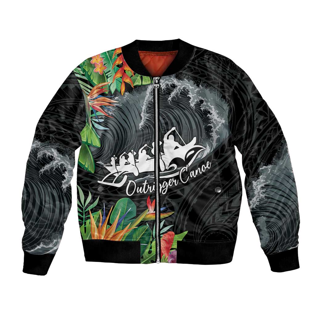 Outrigger Canoe Black Bomber Jacket On The Waves LT7 Unisex Black - Polynesian Pride
