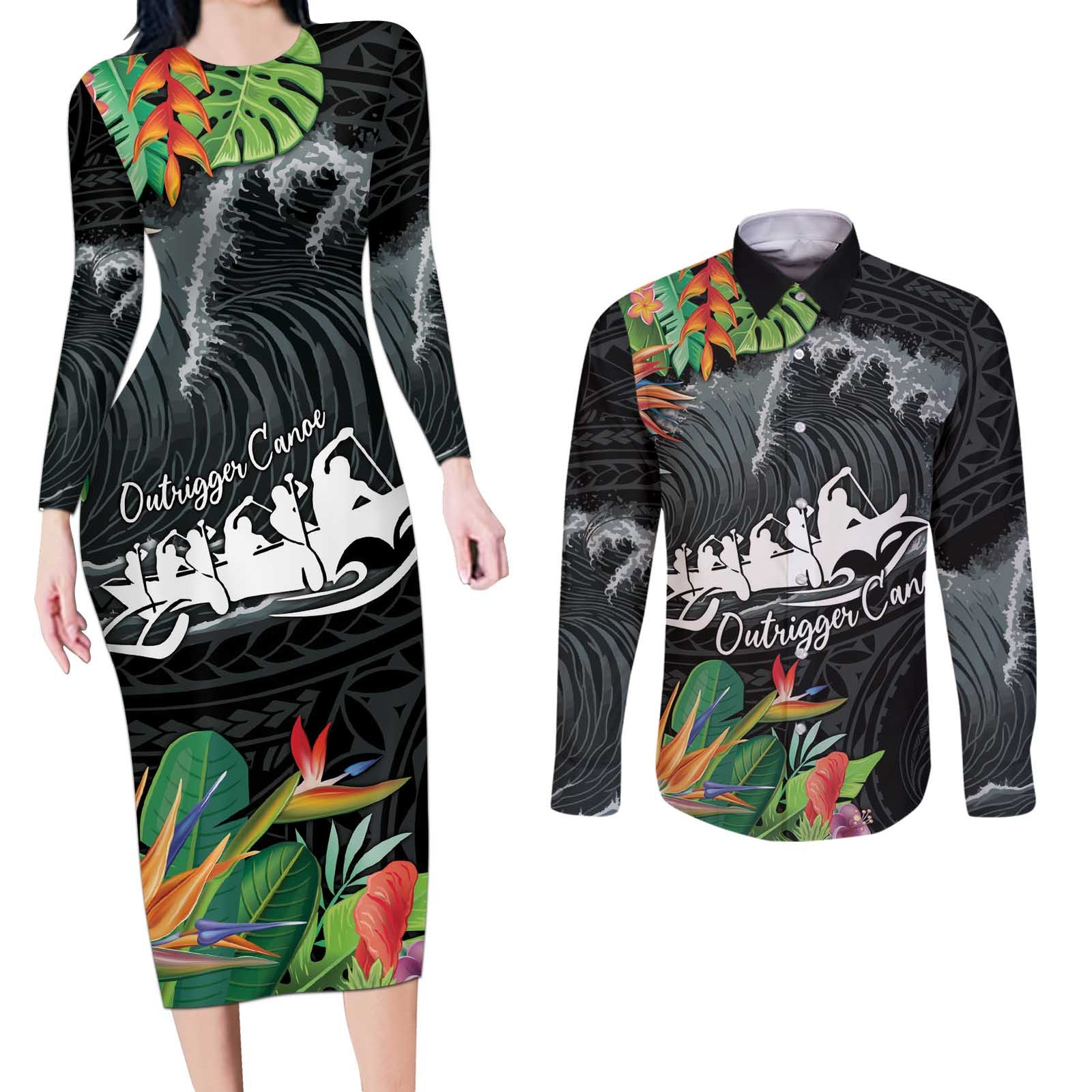 Outrigger Canoe Black Couples Matching Long Sleeve Bodycon Dress and Long Sleeve Button Shirt On The Waves LT7 Black - Polynesian Pride