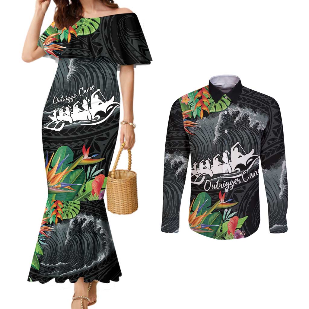 Outrigger Canoe Black Couples Matching Mermaid Dress and Long Sleeve Button Shirt On The Waves LT7 Black - Polynesian Pride