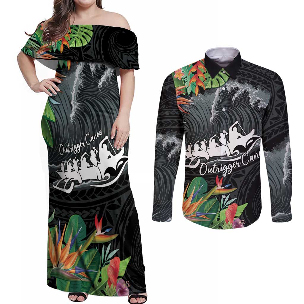 Outrigger Canoe Black Couples Matching Off Shoulder Maxi Dress and Long Sleeve Button Shirt On The Waves LT7 Black - Polynesian Pride