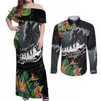 Outrigger Canoe Black Couples Matching Off Shoulder Maxi Dress and Long Sleeve Button Shirt On The Waves LT7 Black - Polynesian Pride