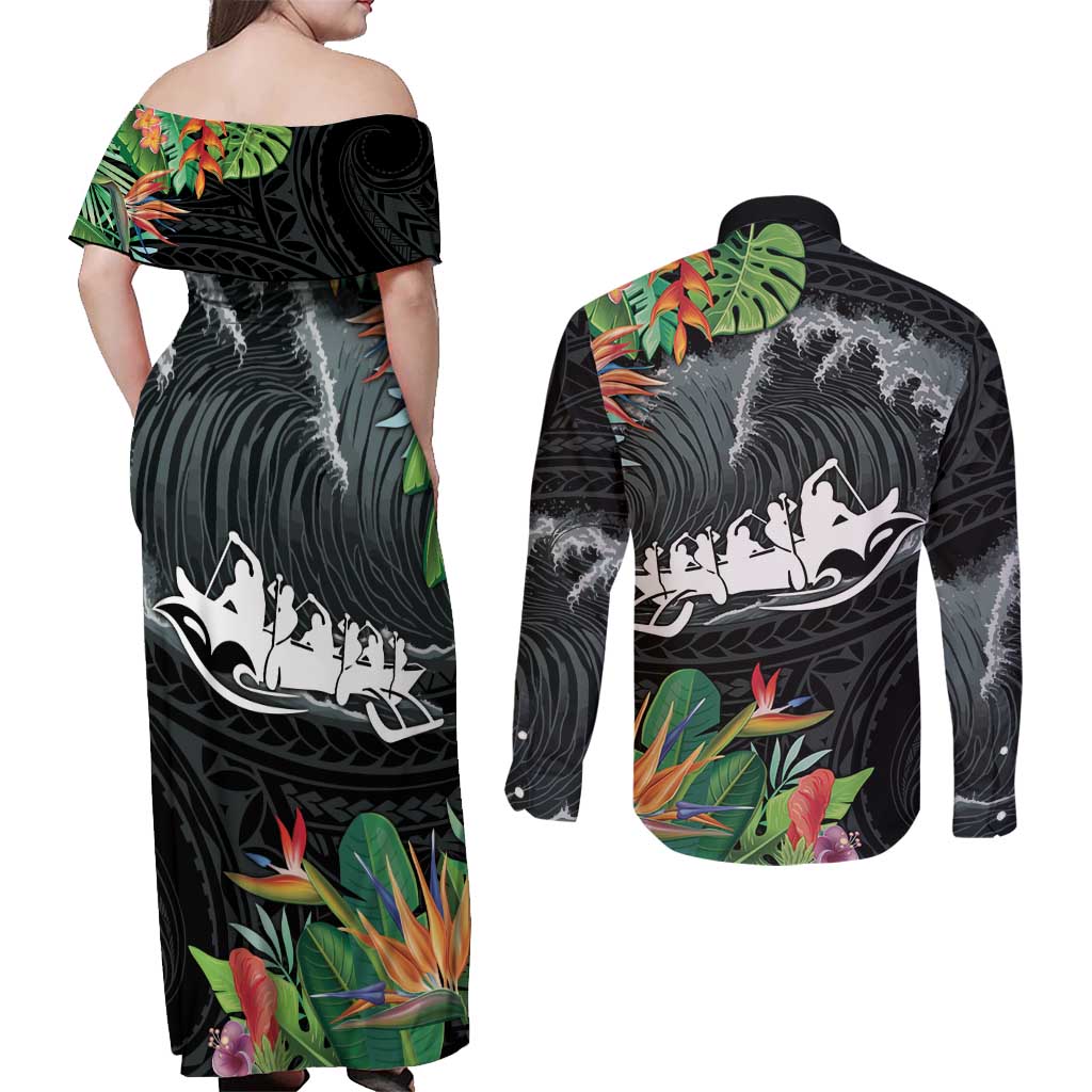 Outrigger Canoe Black Couples Matching Off Shoulder Maxi Dress and Long Sleeve Button Shirt On The Waves LT7 - Polynesian Pride