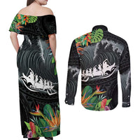 Outrigger Canoe Black Couples Matching Off Shoulder Maxi Dress and Long Sleeve Button Shirt On The Waves LT7 - Polynesian Pride