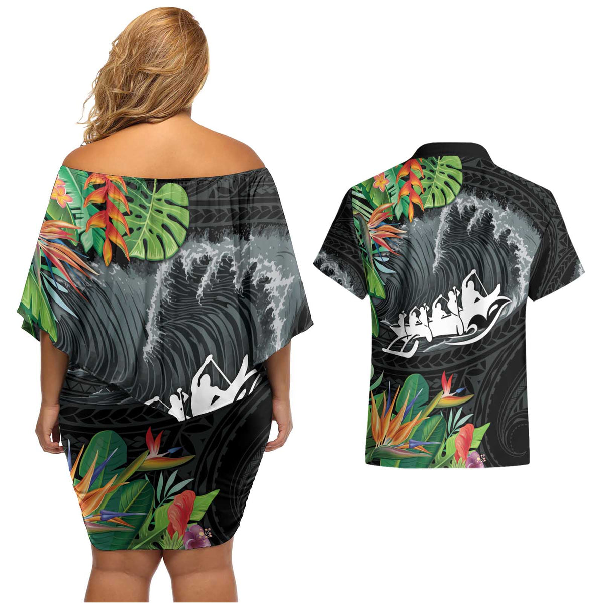 Outrigger Canoe Black Couples Matching Off Shoulder Short Dress and Hawaiian Shirt On The Waves LT7 - Polynesian Pride