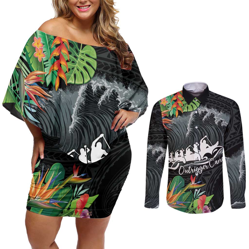 Outrigger Canoe Black Couples Matching Off Shoulder Short Dress and Long Sleeve Button Shirt On The Waves LT7 Black - Polynesian Pride