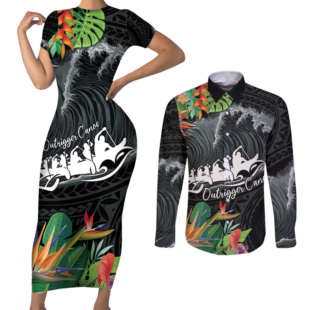 Outrigger Canoe Black Couples Matching Short Sleeve Bodycon Dress and Long Sleeve Button Shirt On The Waves LT7 Black - Polynesian Pride