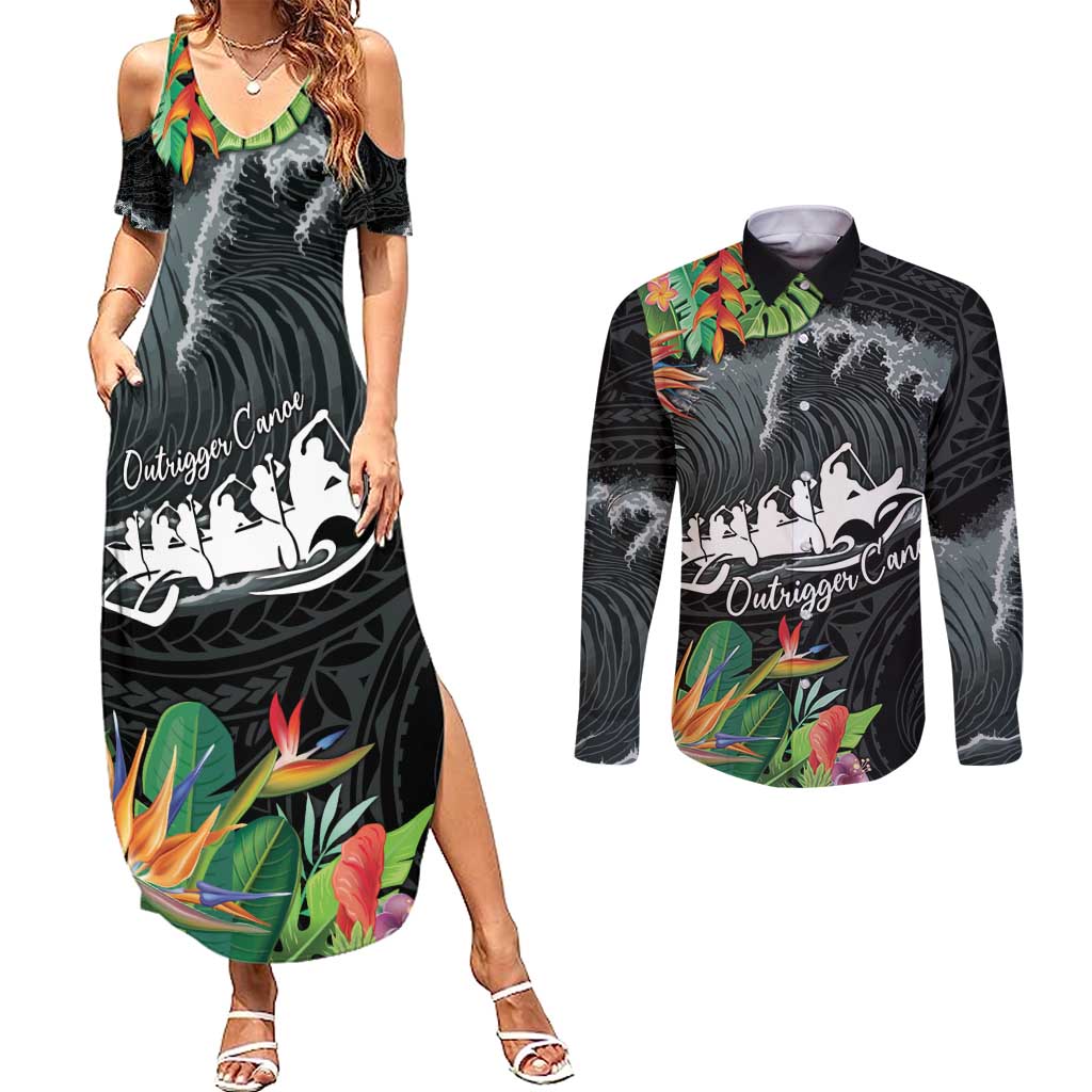 Outrigger Canoe Black Couples Matching Summer Maxi Dress and Long Sleeve Button Shirt On The Waves LT7 Black - Polynesian Pride
