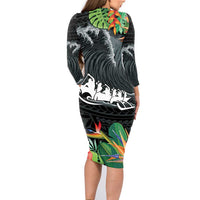 Outrigger Canoe Black Family Matching Long Sleeve Bodycon Dress and Hawaiian Shirt On The Waves LT7 - Polynesian Pride