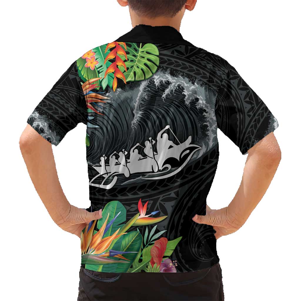 Outrigger Canoe Black Family Matching Puletasi and Hawaiian Shirt On The Waves LT7 - Polynesian Pride