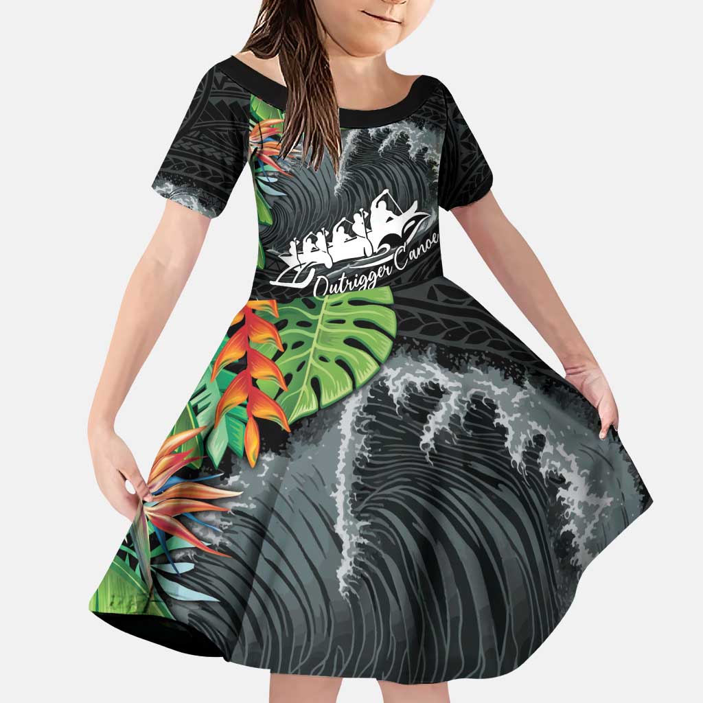 Outrigger Canoe Black Family Matching Puletasi and Hawaiian Shirt On The Waves LT7 Daughter's Dress Black - Polynesian Pride