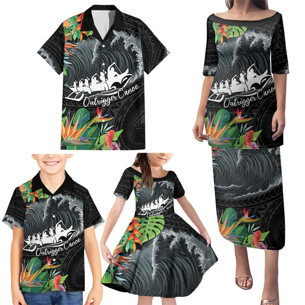 Outrigger Canoe Black Family Matching Puletasi and Hawaiian Shirt On The Waves LT7 - Polynesian Pride