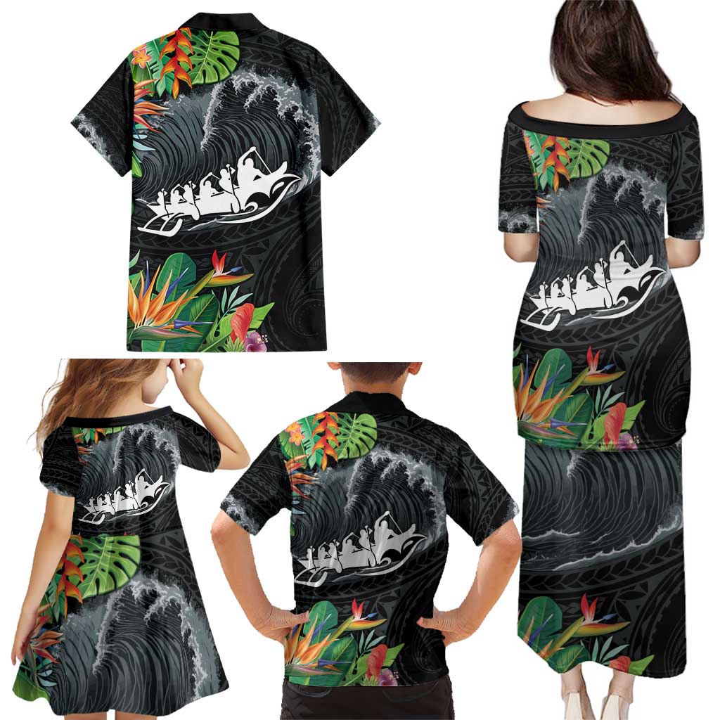 Outrigger Canoe Black Family Matching Puletasi and Hawaiian Shirt On The Waves LT7 - Polynesian Pride