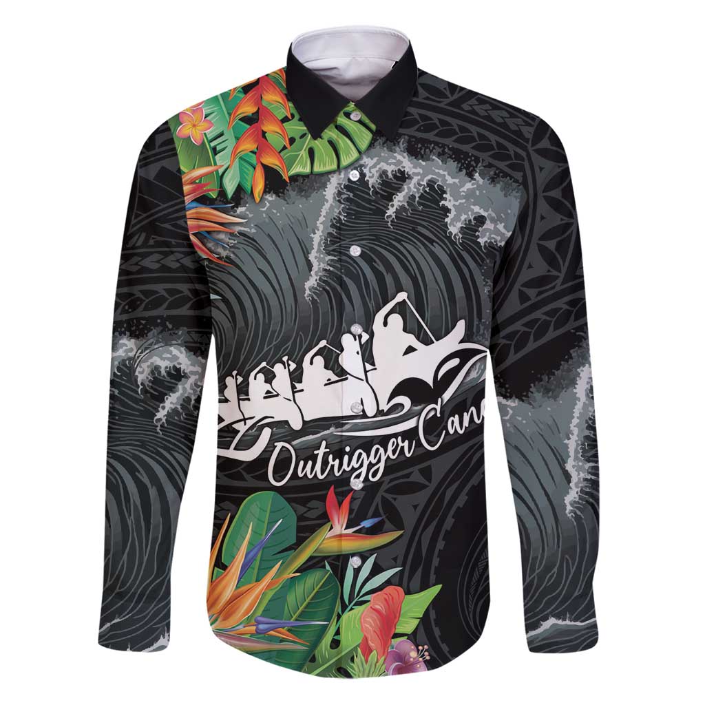 Outrigger Canoe Black Family Matching Puletasi and Hawaiian Shirt On The Waves LT7 Dad's Shirt - Long Sleeve Black - Polynesian Pride