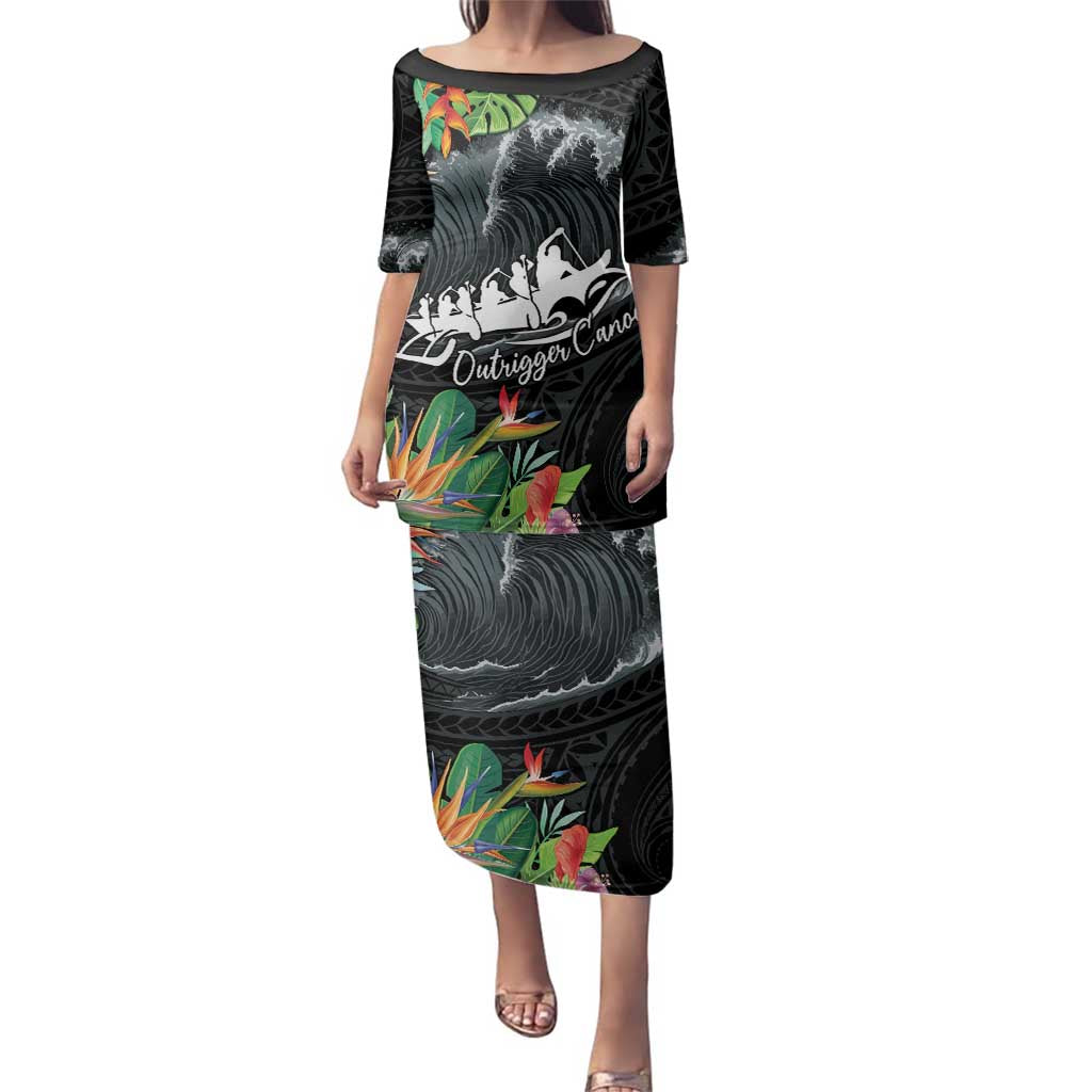 Outrigger Canoe Black Family Matching Puletasi and Hawaiian Shirt On The Waves LT7 Mom's Dress Black - Polynesian Pride