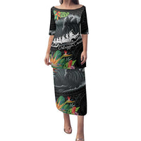 Outrigger Canoe Black Family Matching Puletasi and Hawaiian Shirt On The Waves LT7 Mom's Dress Black - Polynesian Pride